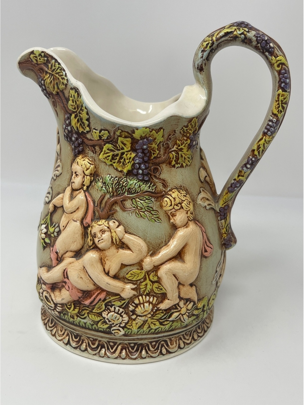 Vintage Bacchus Cherubs Grapevine Embossed Pitcher Jug Relief Ceramic Majolica